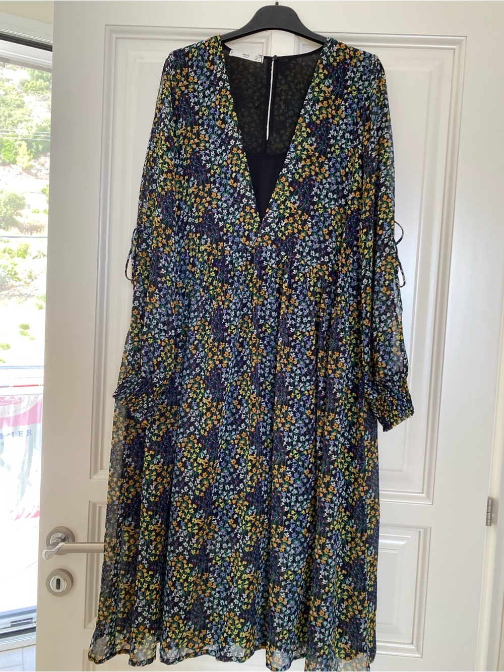 Floral V-Neck Long Sleeve Midi Dress - Navy Multi